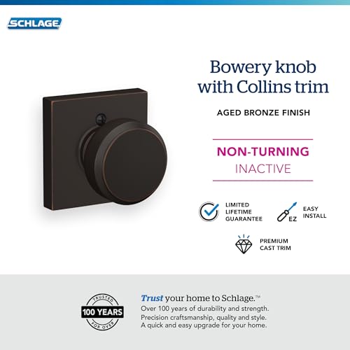 Image of Schlage F170 BWE 716 COL Broadway Lever with Collins Trim Non-Turning Dummy Door Handle, Aged Bronze