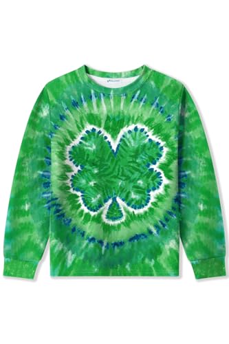 Image of Unisex Kids St. Patrick's Tie Dye Irish Clover Long Sleeve Shirt Shamrock Green Sweatshirt 6-14 Years