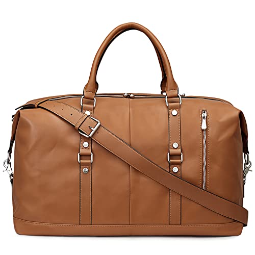 Image of S-ZONE Women Travel Duffel Weekender Carryon Shoulder Tote Bag Canvas PU Leather, C-Genuine Leather Brown, Large
