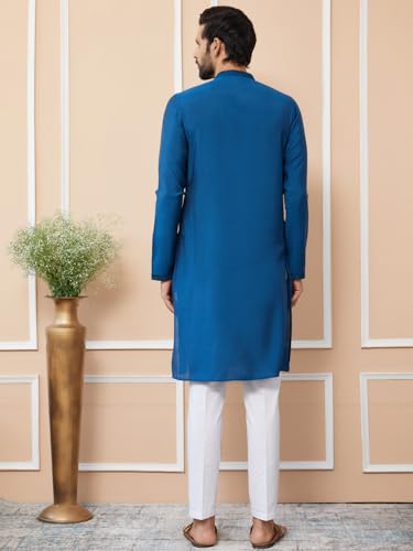 Image of See Designs Men's Long Sleeve Mandarin Collar Side Slit Off-White Embroidered Chanderi Silk Straight Kurta
