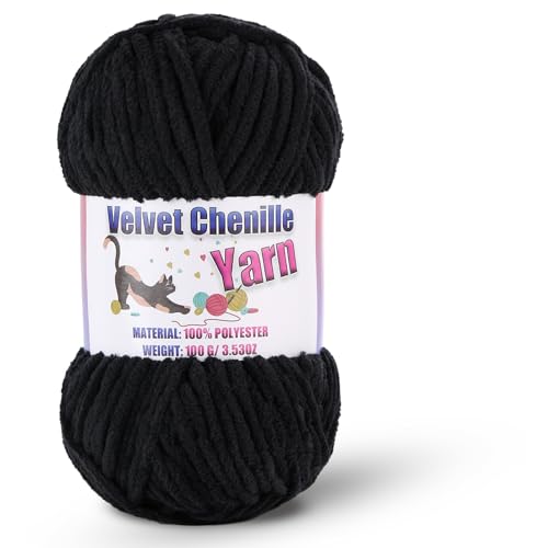 Image of Fluffy Chenille Yarn for Crocheting, Chunky Velvet Yarn for Crochet Amigurumi, Used for Making Baby Yarns Blanket, Clothes, Pattern Knitting Creations (1-Black)