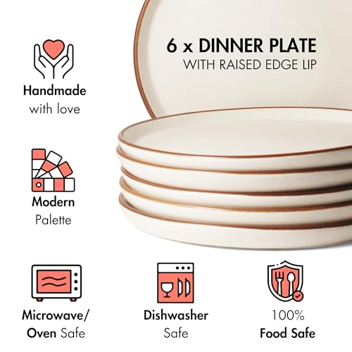 Image of Ceramic Dinner Plates, 6 Pcs | Rim Plate for Easy Eating | Microwave, Oven, Dishwasher Safe | Set of 6 Ceramic Plates for Dinner | Handmade | (Vanilla Biscuit, Set of 6 Dinner Plates)