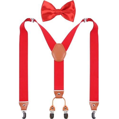 Image of Suspenders Bow Tie for Mens and Women Heavy Duty Elastic Wide Suspenders Strong 4 Metal Clips Adjustable