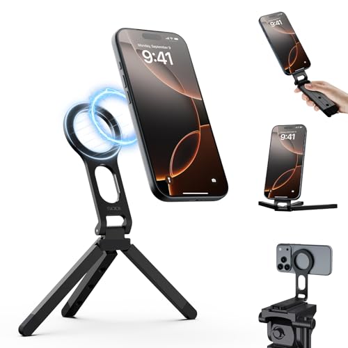 SODI スマホ三脚スタンド ミニスタンド 磁石・マグネット付き 折りたたみ式 手持ち自撮り棒 セルカ棒&卓上 横置き/縦置き ポータブル 持ち運び 軽量 薄型 雲台対応 AndroidやiPhone対応 日本語取扱説明書 ブラック