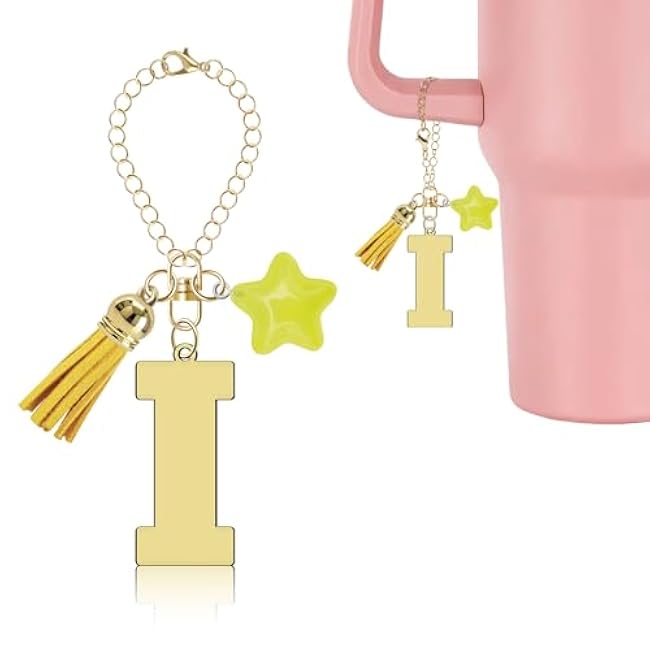 Gold Letter Charm for Stanley Cup Accessories, Cute Star Tassel Keychain Handle Charm, Monogram Water Bottle Chain