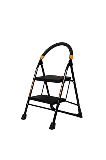 Digionics Foldable Step Ladder, Safety-Clutch Lock, Ribbed Steps, Knee Guard, Non-Marring PVC Shoes (Steel, Black & Orange) (2step-Ladder-NW)