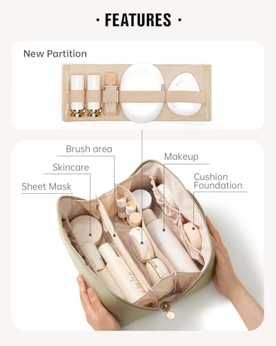 Image of EACHY Travel Makeup Bag, Large Capacity Cosmetic Bag for Women, Waterproof PU Leather, Flat Open Portable Toiletry Bag for Skincare, Brushes & Travel Essentials