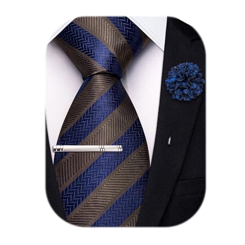 Image of Hi-Tie 63 inches Striped Paisley Extra Long Ties for Men Silk Necktie with Lapel Pin Tie Clip Big and Tall Men Formal Wedding