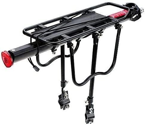 JJJ Bagażnik rowerowy, tylny bagażnik rowerowy, bagażnik na sztycę siodełka, aluminiowy bagaż, bagaż, bagaż, bagaż, z reflektorem i siatką ładunkową