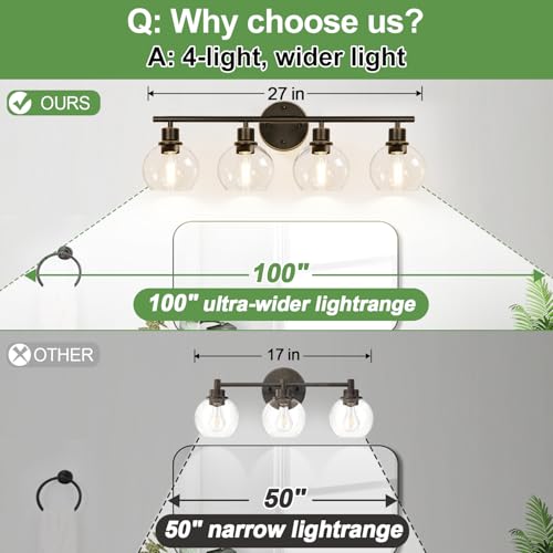 Image of Indoi 4-Light Bathroom Light Fixtures, Oil Rubbed Bronze Bathroom Lights Over Mirror with Clear Glass Globe Shade, Vanity Lights for Bathroom Kitchen Living Room Hallway Cabinet Bedroom Porch