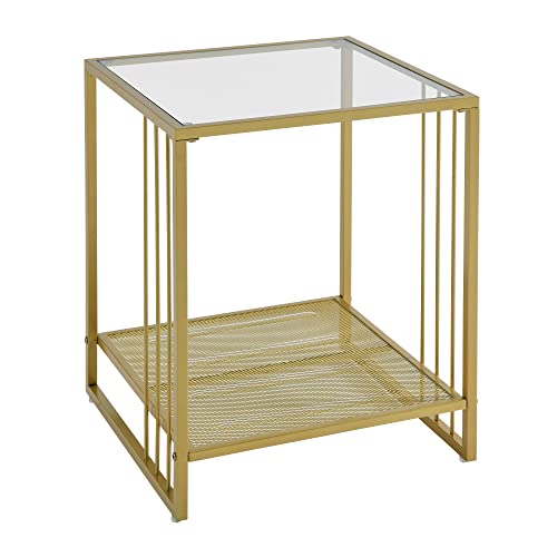 PADMA HOUSE Table de chevet avec plateau en verre trempé, table de canapé avec plateau à grilles, stable, avec structure en métal doré, salon, chambre à coucher, facile à monter Cover