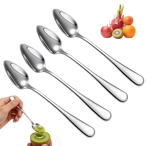 4 Pieces Cuillère À Bord Dentelé,Cuillere Pamplemousse,Cuillère À Pamplemousse,CuillèRe à Kiwi Pamplemousse en Acier Inoxydable,Coupe-Pamplemousse pour Apple,Kiwi,Papaye,Orange,Kiuiom,CrèMe (Argent)