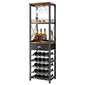 Homeiju Wine Rack Freestanding Floor, Bar Cabinet for Liquor and Glasses, 4-Tier bar Cabinet with Tabletop, Glass Holder, Storage Drawer and Wine Storage for Living Room (Patent No.D29872845)