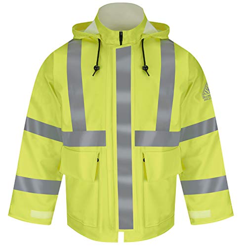 Image of Bulwark Flame Resistant 10 oz Hi-Visibility Regular Rain Jacket HRC2, Take-up Tabs on Cuff, Yellow /Green
