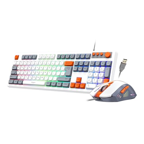 Image of FINGERS CubikCombo Wired Keyboard & Mouse Combo (RGB Backlit Keys, Volume Control Knob, 7200 DPI RGB Mouse, Rugged Build, Plug & Play, Braided Cable), Classic White + Orange-Grey Accents
