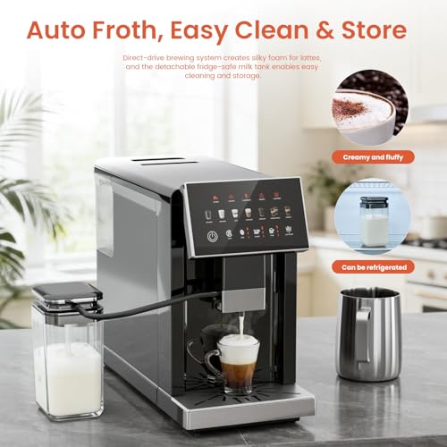 Image of Kismile Automatic Espresso Machine with Grinder & Milk Frother, Latte & Cappuccino Maker, Single /Double Cup, Thickness Adjustment, 1.5L Removable Water Tank