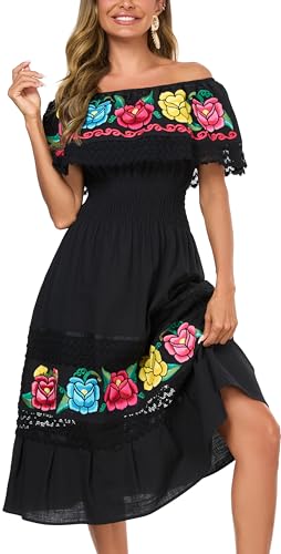 Image of YZXDORWJ Women Embroidered Mexican Peasant Casual Sexy Lace Off-Shoulder Long Dress