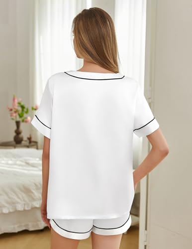 Image of Silk Pajamas for Women Short Sleeve Satin 2 Piece Pj Set Soft V Neck Sleepwear Loungewear, S-XXL