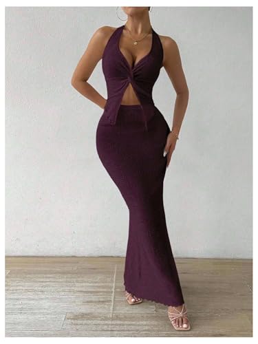 Image of SOLY HUX Women's Two Piece Outfits Twist Front Halter Cami Tops and Skirt Summer Set