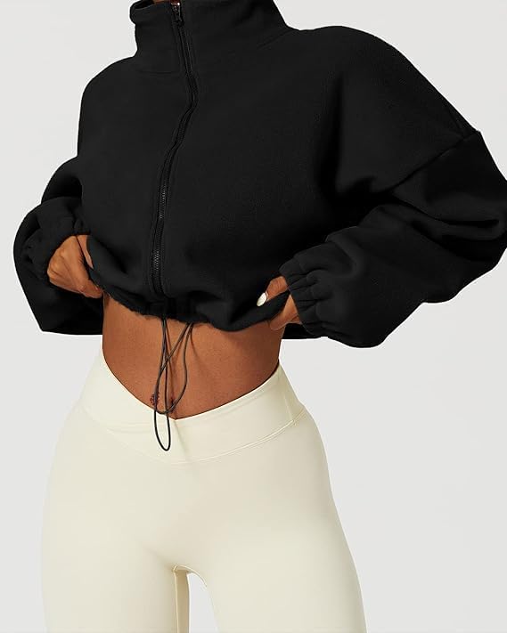 Women's Full Zip Fleece Short Jacket - Warm Winter Long Sleeve, Sherpa Crop Coat Workout Jacket - Winter Clothing