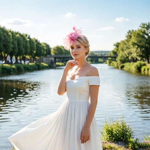 Image of DRESHOW Fascinators Hat Feather Headband Women's Fascinators Tea Party Headwear with Clip Flower Head Band for Girls & Women
