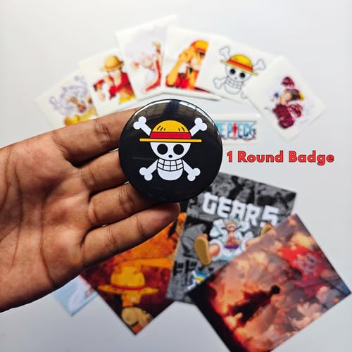 Image of TenorArts Luffy Gift Box One Piece Merchandise for Fans - 5x7 Inches Laminated Photo Frame,1 Luffy Keychain, 1 Badge, 4 4x6 inches One Piece Posters, 7 Multi sized Stickers - 5 items in 1 Box | Perfect for Gifting Anime Fans