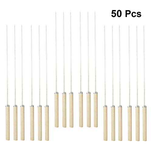 Good 50 peças de garfos de aço inoxidável para churrasco, cabo de madeira, palitos de churrasco, agu