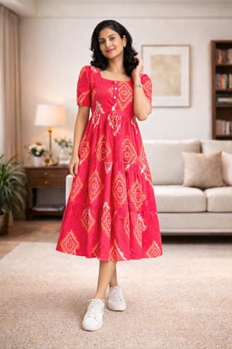 Image of Rayon Printed Midi Dress Comfortable Casual & Ethnic Wear
