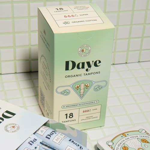 Image of Daye Organic Tampons Super | 54ct | Pesticide & Metal Tested, 100% Organic Cotton for Heavy Flow | No-Shed Sleeve, Sugarcane Applicator