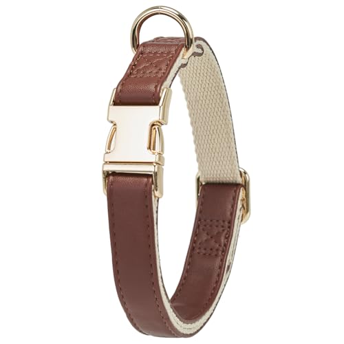 YUDOTE Collare per cani in morbida pelle con fibbia in metallo a sgancio rapido di sicurezza, collare imbottito in cotone naturale, per cani di taglia media con pelle sensibile, marrone