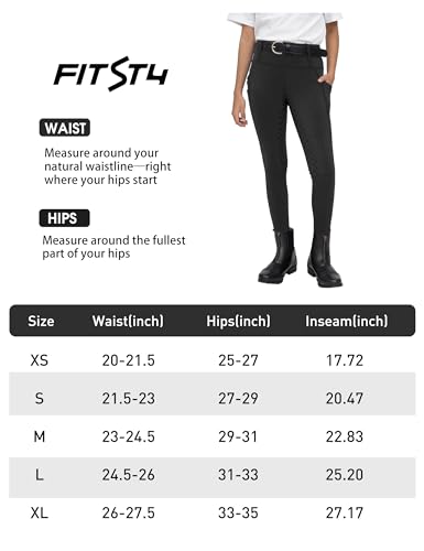 Fitst4 Sports Girls Full Seat Riding Tights High Waist Kids Equestrian Breeches Horse Schooling Pants Zipper Pockets Black Size M thumb #5