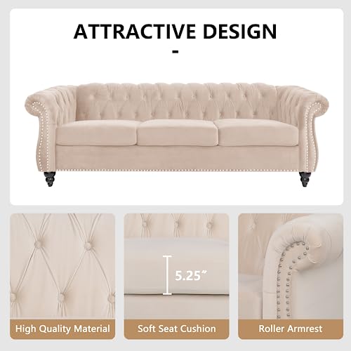 Image of QHITTY Accent Large Sofa, Chesterfield Couch 3 Seater Modern Velvet Couch Upholstered Sofa with Tufted Back for Living Room Furniture (Beige)