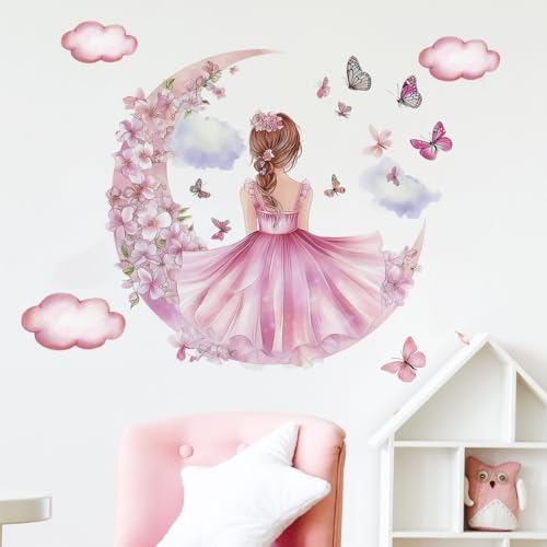 2 Pieces Pink Floral Fairy Wall Sticker for Girls Bedroom