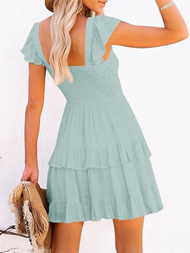 Image of Women Summer Dresses Casual Boho Smocked Ruffle Sun Beach Babydoll Mini Dress Layered Flowy Swing Dress