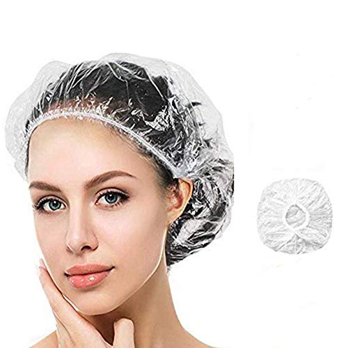 Shower Cap Disposable,100 PCS Bath Caps Large Thick Clear Waterproof Plastic Elastic Hair Bath Caps for Women Kids Girls, Travel Spa, Hotel and Hair Solon, Home Use (Clear 100pcs)