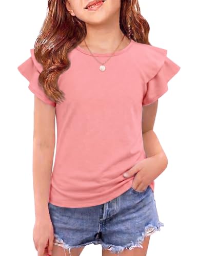 Image of Girls T Shirts Ruffle Short Sleeve Round Neck Loose Blouse Summer Solid Color Casual Girl Tee Tops for 3-12 Years