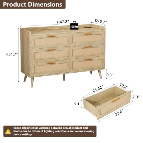 FUSOU 6 Drawers Dresser for Bedroom, Rattan Storage Dresser with Power Outlet, 47'' W TV Stand Chests of Drawers for Kids Room, TV, Living Room, Entryway - Image 2