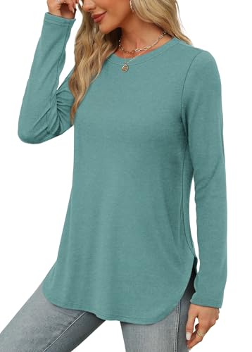 Image of XIEERDUO Womens Long Sleeve Round Neck Shirts Side Split Basic Loose Tunic Tops Casual 2026