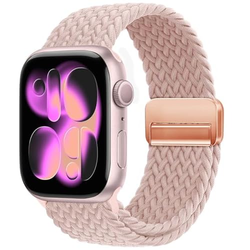Magnetic Braided Loop Band Compatible with Apple Watch Series 11 10 42mm 9 8 7 6 5 4 40mm 41mm for Women Men, Stretchy Nylon Elastic Sport Strap for i