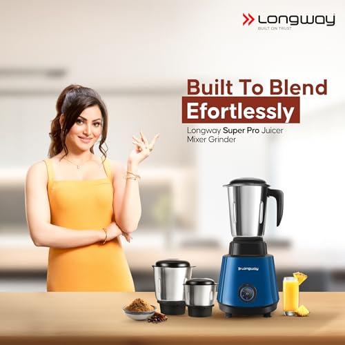 Image of Longway Super Pro Mixer Grinder with Kwid 1100W Dry Iron | Up to 700 Watt Powerful Motor | 2 Years Warranty (Blue & Black, 3 Jars Combo)