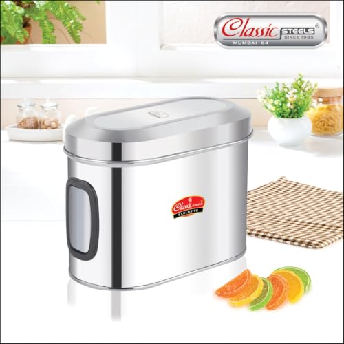 Image of Classic Steels Oval Stainless Steel Kitchen Storage Canisters with Transparent Window (1500 ml) | Airtight Food Containers for Pantry Organization | Mirror Finish, Rust-Proof, Dishwasher Safe