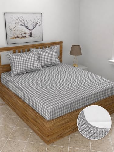 Image of Jashan 210 TC Glace Cotton Checked Design Grey Checked Printed Cotton Bedsheet with Pillow Cover - Soft & Breathable Single Bed Sheet 72x78x10 Inche