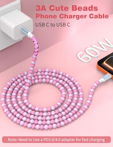 Image of USB C to USB C Cable 3FT,60W Fast Charging Beaded Charger Cord for iPhone 17 16 15 Pro Max /iPad Air 11th 10 for Samsung S26 S25 Ultra S24 S23 A16 /Android Phone Charger Cord Cute Girls Women,Light-Pink