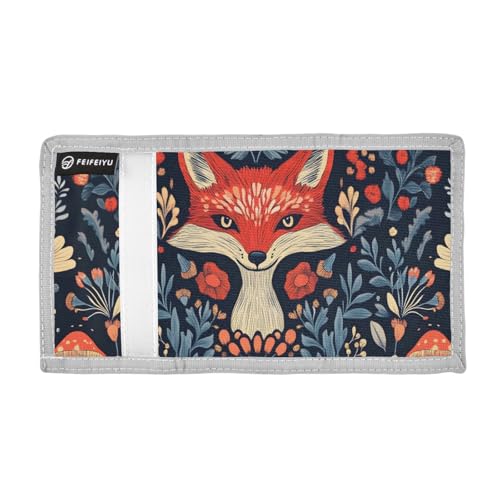 Fox in Floral Frame Durable Nylon Fabric Wallet for Boys and Girls - Multi-Functional with 2 Clear Pockets, Zipper Coin Compartment, 3 Card Slots & Keyring2