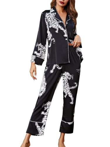 Image of Brosloth Women's Silk Satin Pajamas Long Sleeve Button Up Loungewear Set | Button Down Animal Print Pajamas, Ladies Fancy Pajama sets, Two Piece Lounge Set, Notch Collar Lightweight Sleepwear, Gift