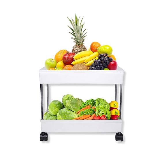 Image of Multipurpose 2-Tier Storage Shelf, Storage Rack with Wheels, Storage Organizer Cart for Kitchen, Pantry Closet, Bedroom, Bathroom(2 Layer, White)