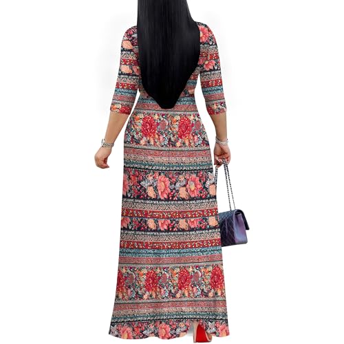 Image of Women's V Neck Floral Maxi Dress 3 /4 Sleeve Plus Size Boho Wrap Flowy Long Dresses with Belt