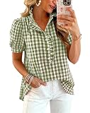 MASCOMODA Womens Puff Short Sleeve Summer Tops Striped Plaid Ruffle V Neck Button Down Shirts Business Casual Work Blouses(Plaid Army Green,X-Large)