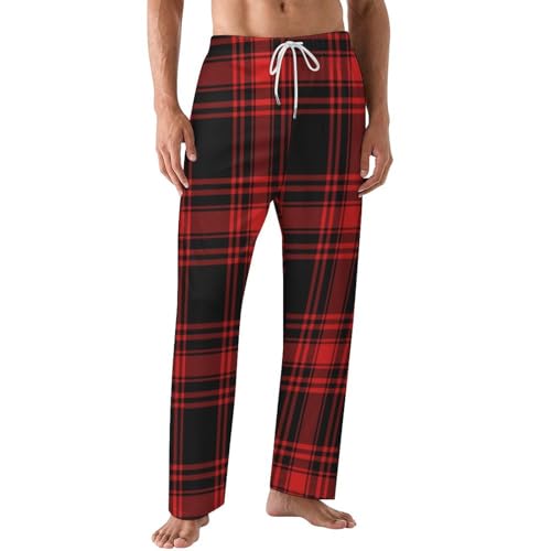 Bagea-Ka Christmas Red Black Tartan Check Pattern Mens Pajama Pants Lounge Sleep Long Pants with Pocket Loungewear