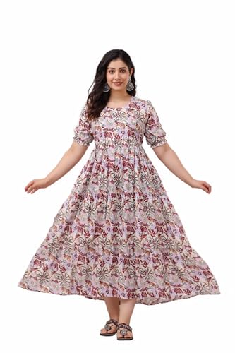 Image of Women's Rayon Anarkali Maternity Ankle Length Dress, Pregnancy Dress,Feeding Kurti,Easy Brest Feeding Dress, with Both Side 9 inch Zipper and Belt